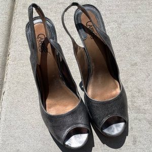 Carlos Santana Platform Stiletto Slingback Heels 7.5 Pewter Leather Wooden Heel